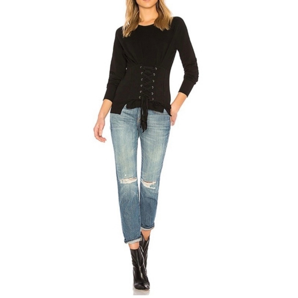 NSF Black Lace Up Corset Front Sweatshirt Raglan Long Sleeve Pullover Medium
